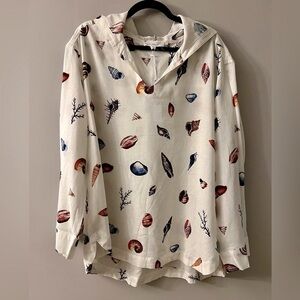 NWT-Jane and Delancey Cream Seashell Print Linen Blend Crosshatch With Hood. XL